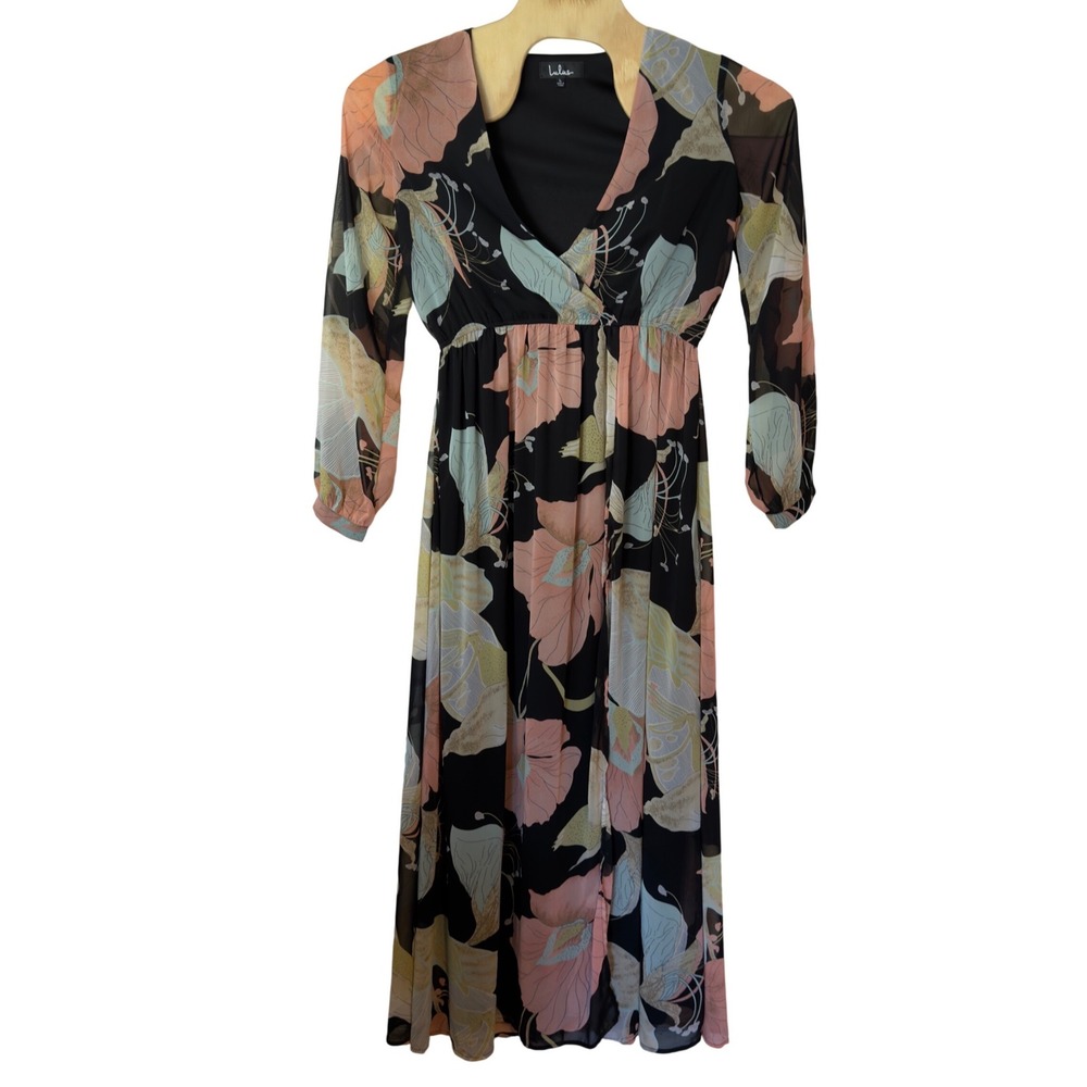 Lulu's Wondrous Water Lilies Black Floral Print Maxi Dress High Slit Size XL